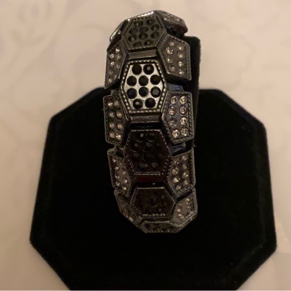 Stretch Black Bangle Hematite & Clear crystal Pave Geometric Statement Bracelet - Picture 7 of 9